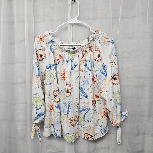 Chaps White Blue Seashell Blouse Beach Tropical L - Picture 8 of 11